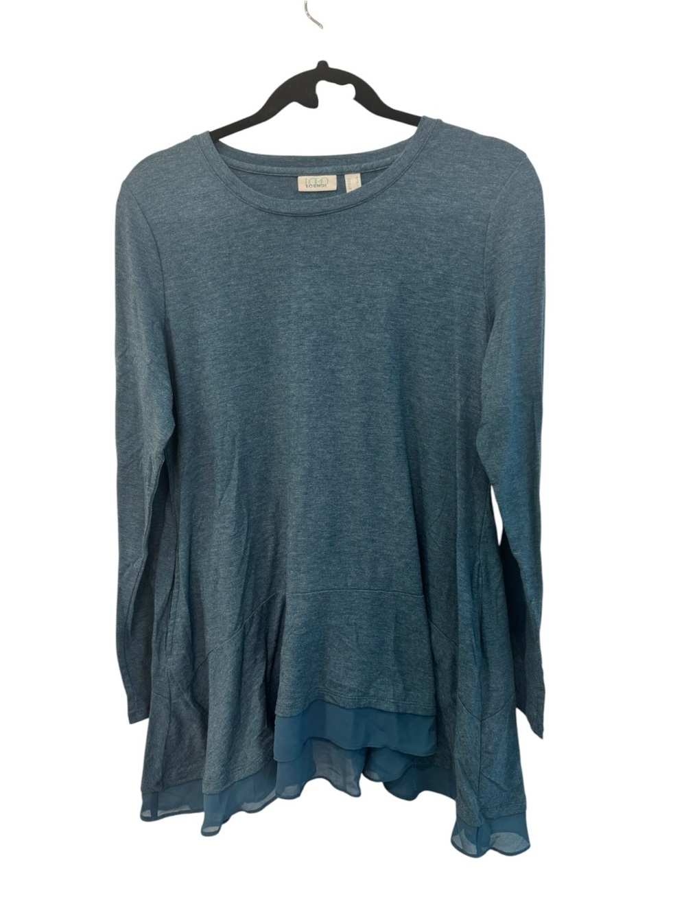Logo Lounge long-sleeve teal blue tunic featuring a chiffon flutter hem size M